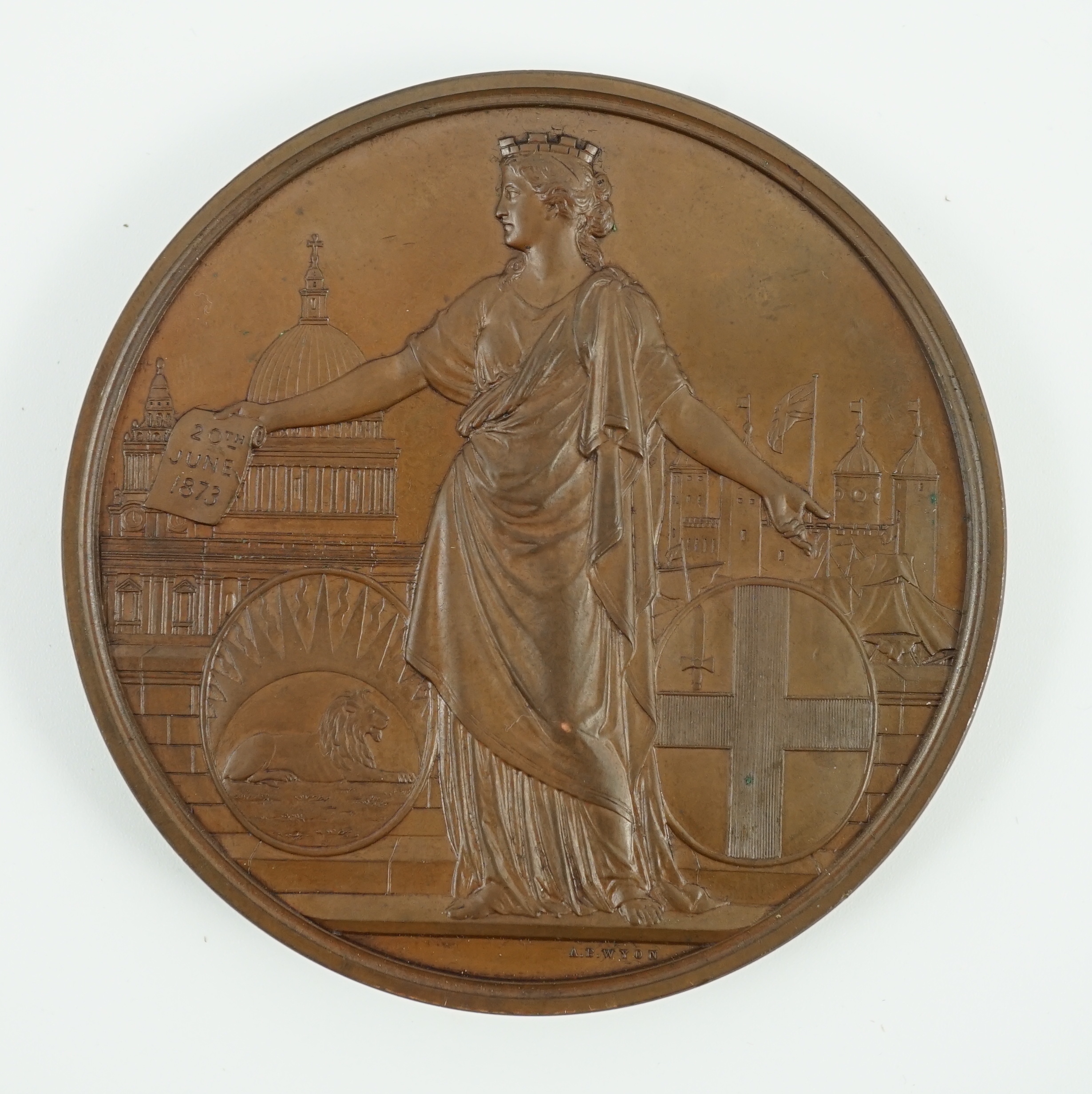 British commemorative medals – Victorian bronze medal marking the Visit of Nasser Ed Deen ‘Shah of Persia’ to London 1873, by A.B. Wyon, leather case